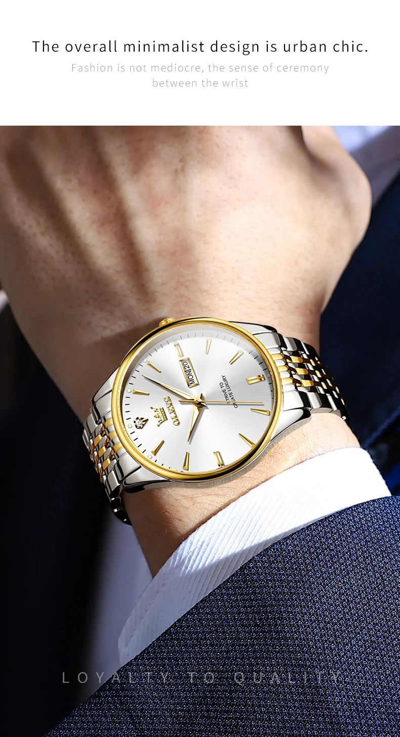 OLEVS 2929 Men Quartz Watch Original Waterproof Business Man Wristwatch Steel Strap Dual Calendar Luminous Fashion Watch For Men