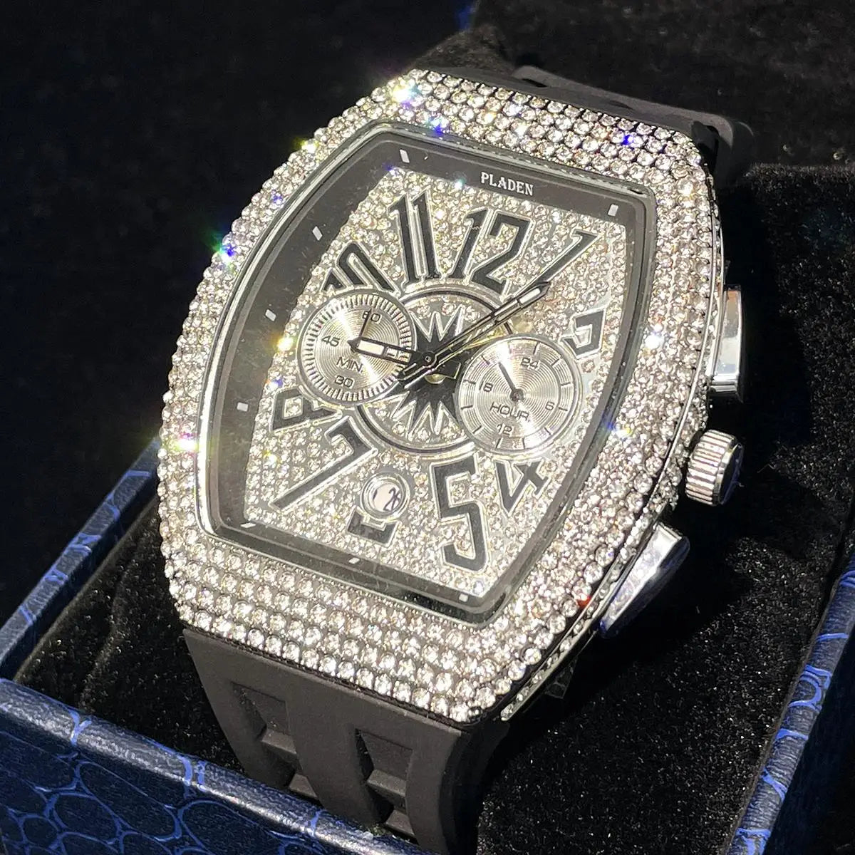 PLADEN Fashion Iced Out Watches Men Casual Blue Silicone Strap Quartz Wristwatch Man's Luxury Diamond Bling Tonneau Clocks 2026