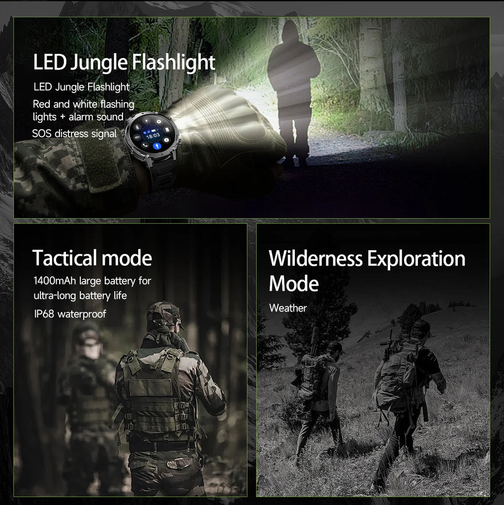 LIGE 2026 Military 1400mAh Battery Smart Watch Men Outdoor Flashlight IP68 Waterproof Heart Rate Bluetooth Call Sports Bracelet