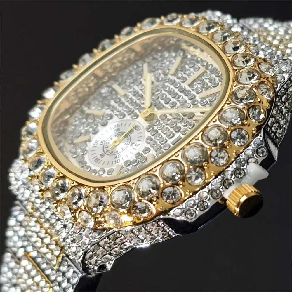 Hot Sell Luxury Iced Watch Mens Fashion Stainless Steel Gold Wristwatch Hip Hop Diamond Bling Jewelry Watch For Man Reloj Hombre