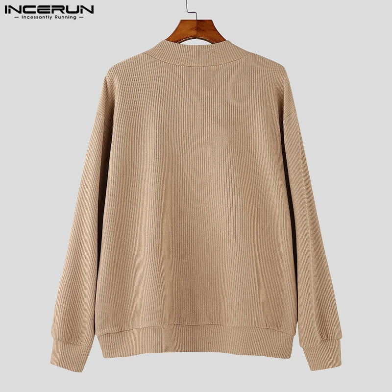 Autumn Stylish Men Tops INCERUN Hot Sale Texture Diagonal Sweater Casual Streetwear Solid V-neck Long Sleeved Sweater S-5XL 2024