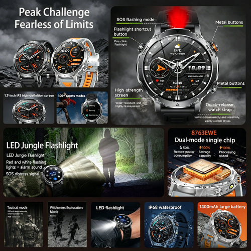 2026 New Smart Watch Bluetooth Call 1400mAh Large Battery Sport Heart Rate 1.7" Military Outdoor Men Smartwatch For Android IOS
