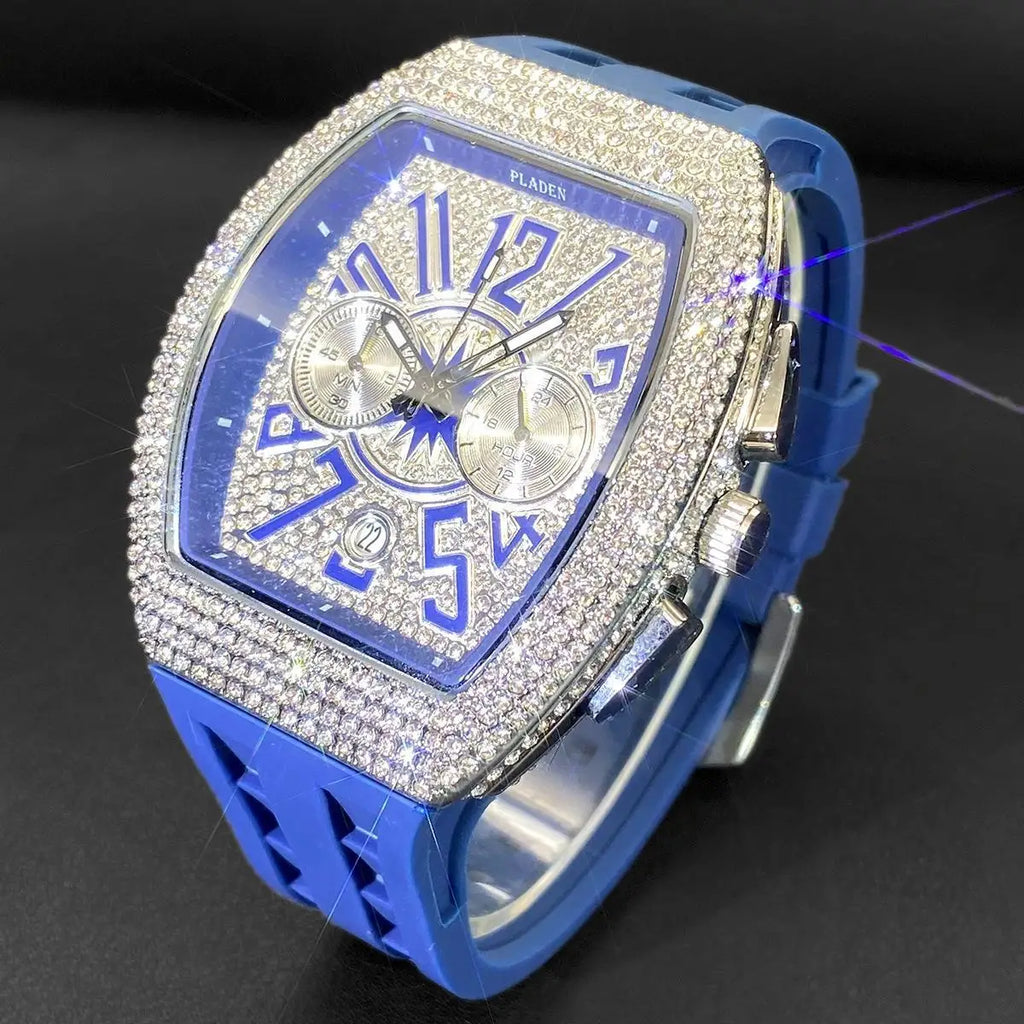 PLADEN Fashion Iced Out Watches Men Casual Blue Silicone Strap Quartz Wristwatch Man's Luxury Diamond Bling Tonneau Clocks 2026