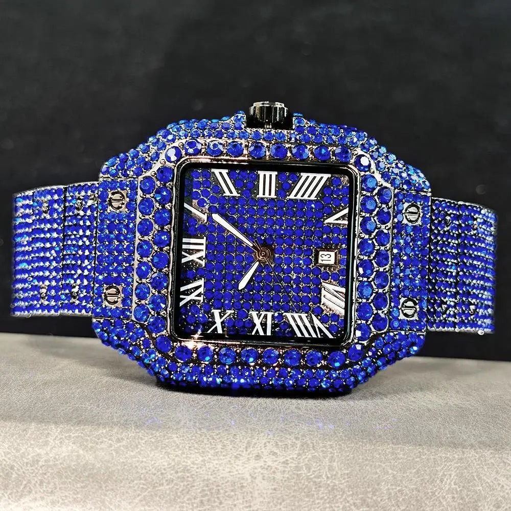 Cool Black Ice Watch For Men Brand UNIGUET Luxury Stainless Steel Quartz Timepiece Man Hip Hop Diamond Square Wristwatch New