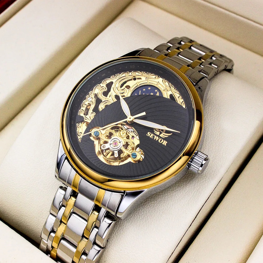 Stainless Steel New Vintage Skeleton Moonphase Luminous Waterproof Tourbillon Self-Wind Automatic Watch for Men