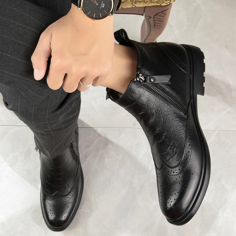 Genuine Leather Men Side Zipper Ankle Boots 2023 Men Winter Plush Snow Boots Fashion Men Casual Low Top Shoes All-match Men Shoe