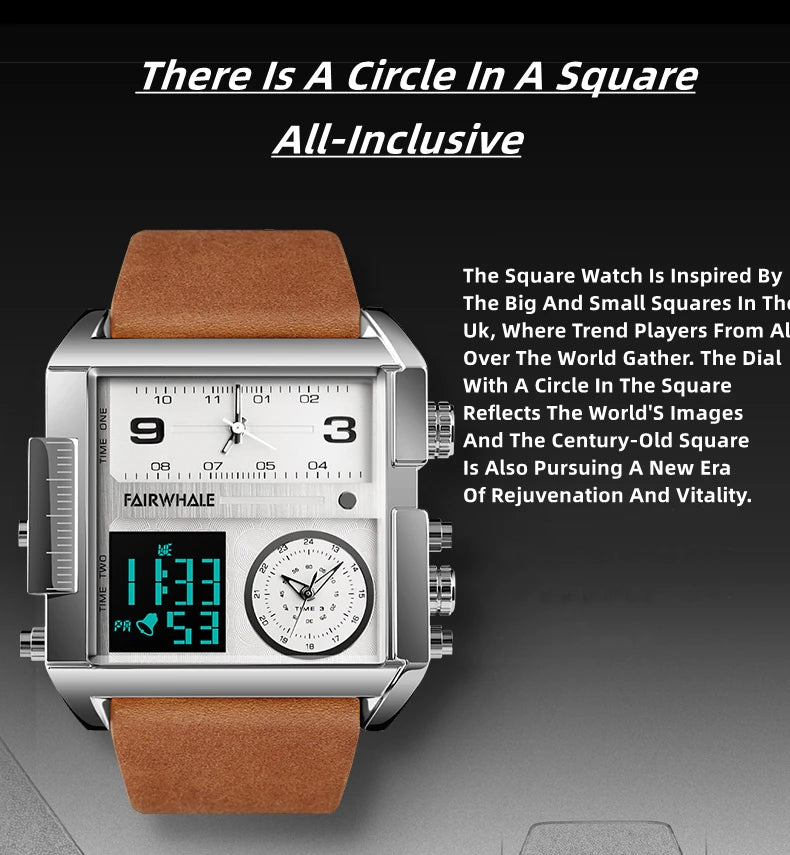 Mark Fairwhale Luxury Quartz Watches Men Fashion Brown Leather Strap Clock Military Waterproof Square Electronic WristWatch Man