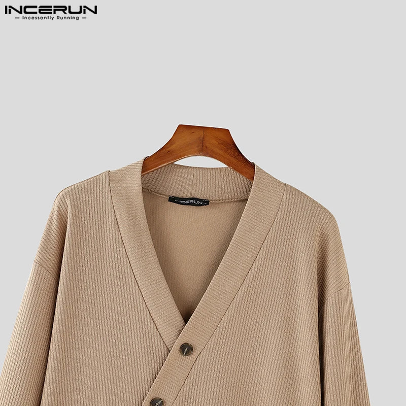 Autumn Stylish Men Tops INCERUN Hot Sale Texture Diagonal Sweater Casual Streetwear Solid V-neck Long Sleeved Sweater S-5XL 2024
