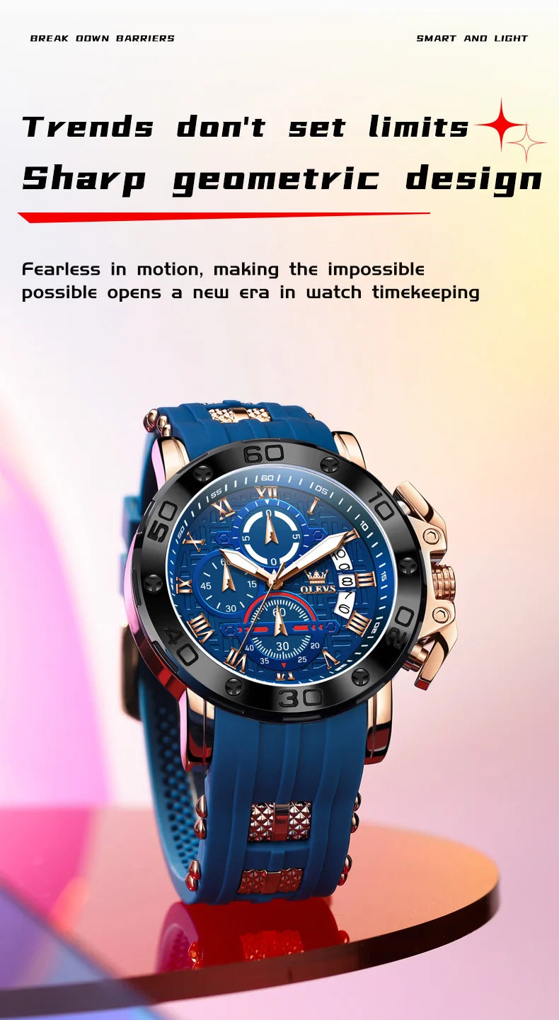 OLEVS 51mm Large Dial Quartz Watch for Men Silicone Strap Waterproof Luminous Auto Date Chrono Roman Numeral Scale Men's Watches