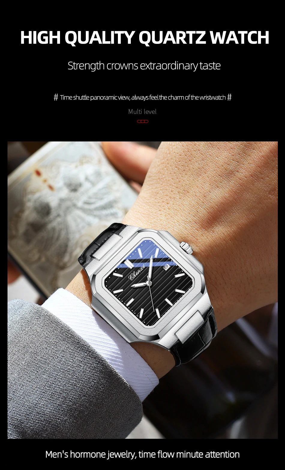 New High Quality Leather Man Watches Business Fashion Date Quartz Luxury Square Watch Men's Waterproof Luminous Clock