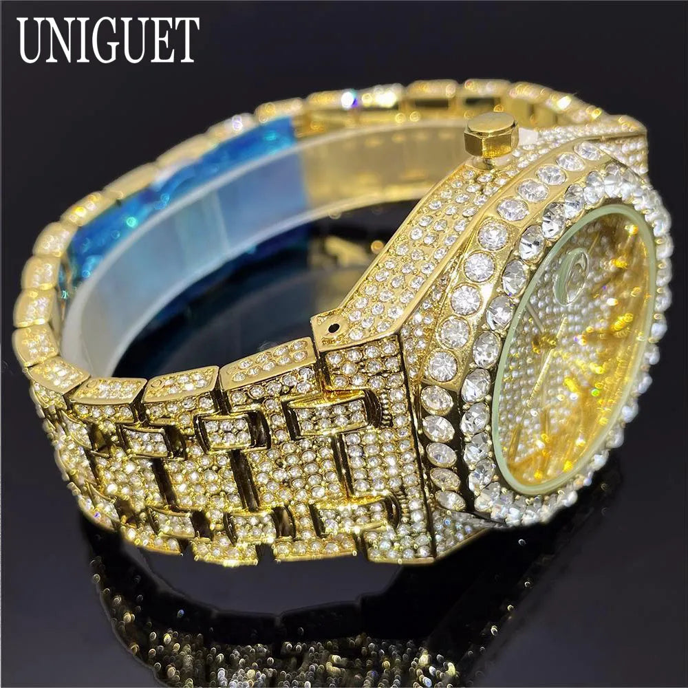 2025 New Luxury Brand UNIGUET Iced Watch For Men Fashion Hip Hop Diamond Waterproof Stainless Steel Wristwatch Male Dropshipping