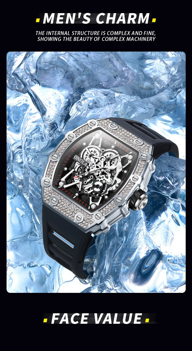 ONOLA Fashion Watch For Men Automatic Date Sports Silicone Strap Tonneau Clock Iced Diamond Quartz WristWatch Reloj Dropshipping