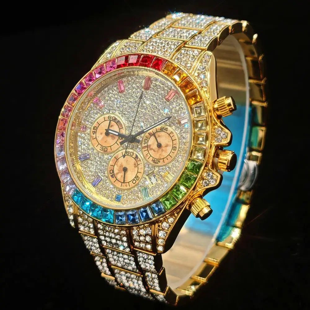 Hot Sell Fashion Gold Watch For Men Brand UNIGUET Hip Hop Rainbow Diamond shiny Jewelry Quartz Wristwatch Male Dropshipping