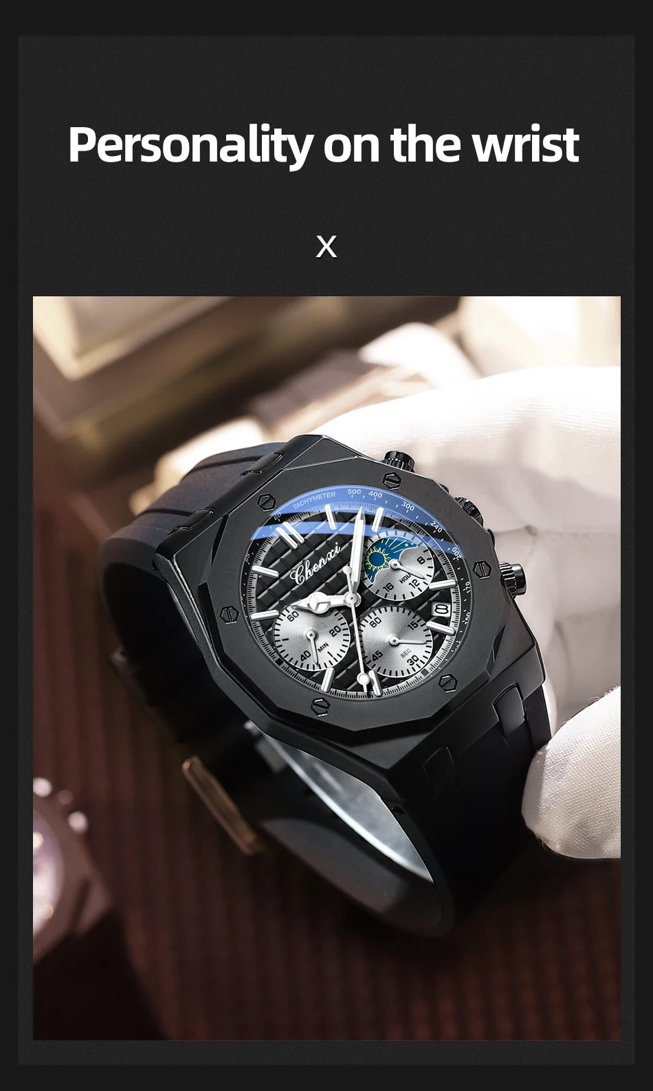 CHENXI Sports Multi-functional Silicone Man Watch Calendar Waterproof Quartz Men Watches Chronograph Moon Phase Men's Wristwatch