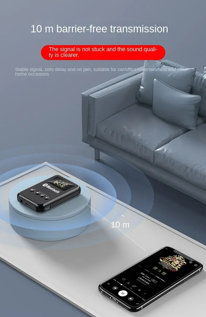 Wireless Audio LED Bluetooth 5.0 Adapter Transmitter Receiver  For Car Music Headphone Speaker, 300mA Battery, Support TF Card