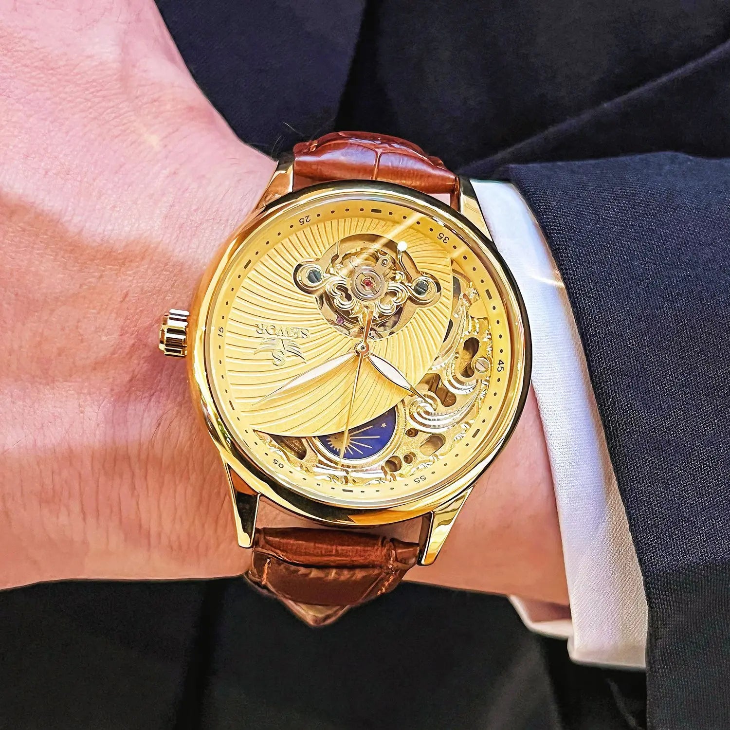 Stainless Steel New Vintage Skeleton Moonphase Luminous Waterproof Tourbillon Self-Wind Automatic Watch for Men