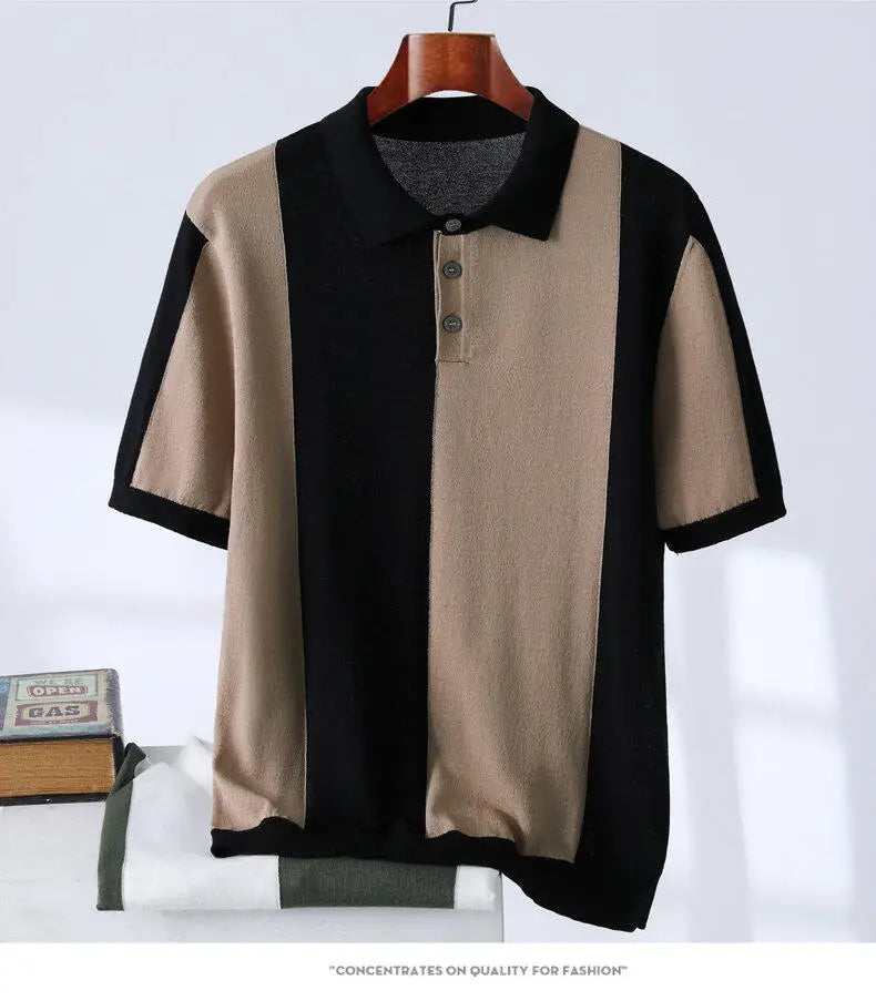 High-quality Color Blocked Striped Knitting Men's Polo Shirts Summer Thin Ice Silk Breathable Lapel T-shirt Business Casual Tees