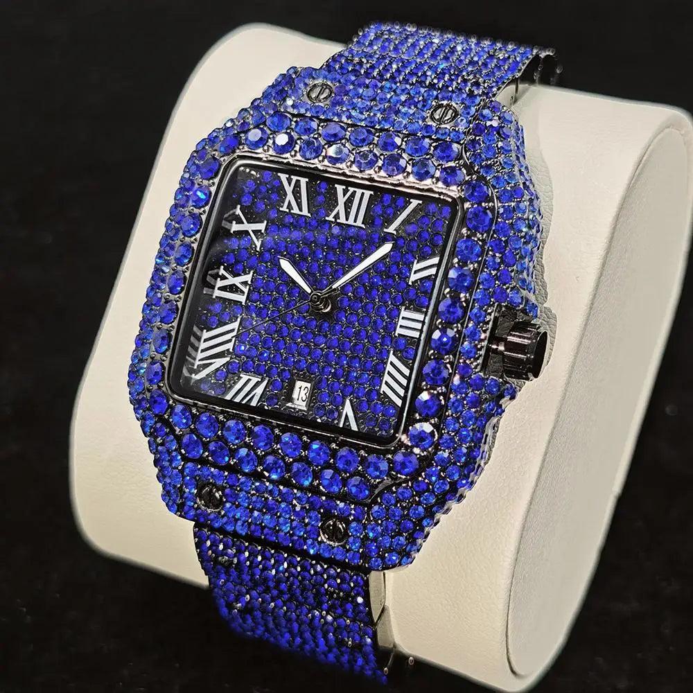 Cool Black Ice Watch For Men Brand UNIGUET Luxury Stainless Steel Quartz Timepiece Man Hip Hop Diamond Square Wristwatch New