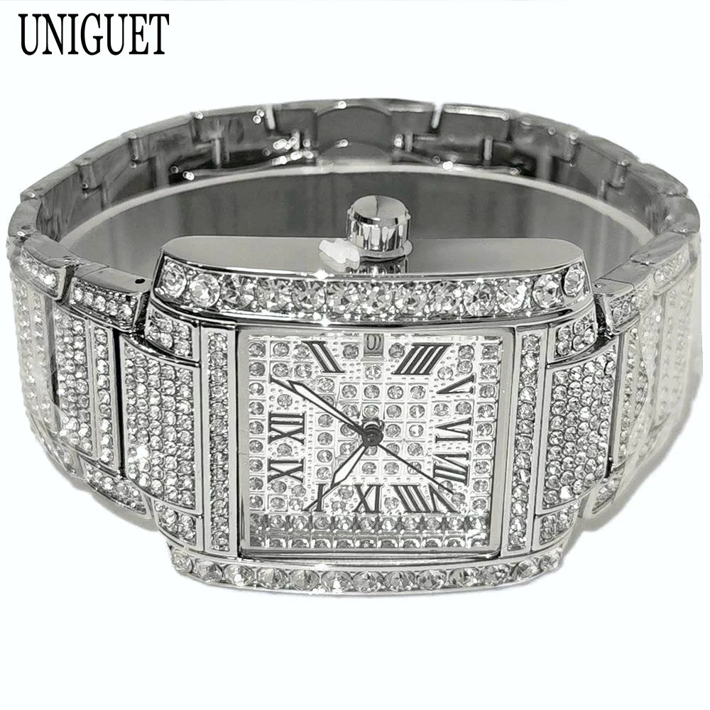 Luxury Brand Mens Silver Stainless Steel Quartz Watch Hip Hop Full Diamond Rectangle AAA Quality Fashion Wristwatch for Men 2025