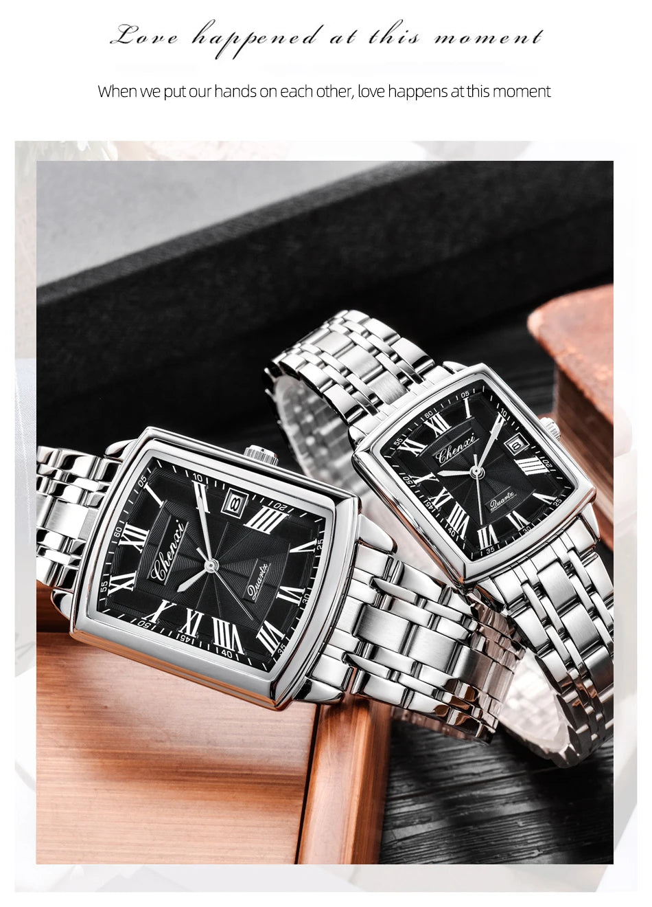 CHENXI Quartz Couple Watches Fashion Casual Rectangle Dial Alloy Man Woman Watch Luminous Calendar Couples Watch