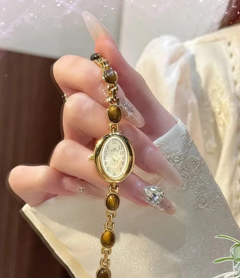 Luxury Vintage Quartz Women's Watches Fashion Natural Green Jade Bracelet Clock Numerals Small Oval Dial Watch Woman Accesories