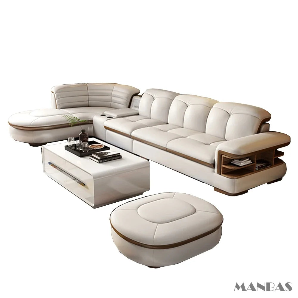 MANBAS Luxury L-Shaped Genuine Leather Sectional Sofa Sets with USB, Bluetooth Speaker - Living Room Italian Leather Couches
