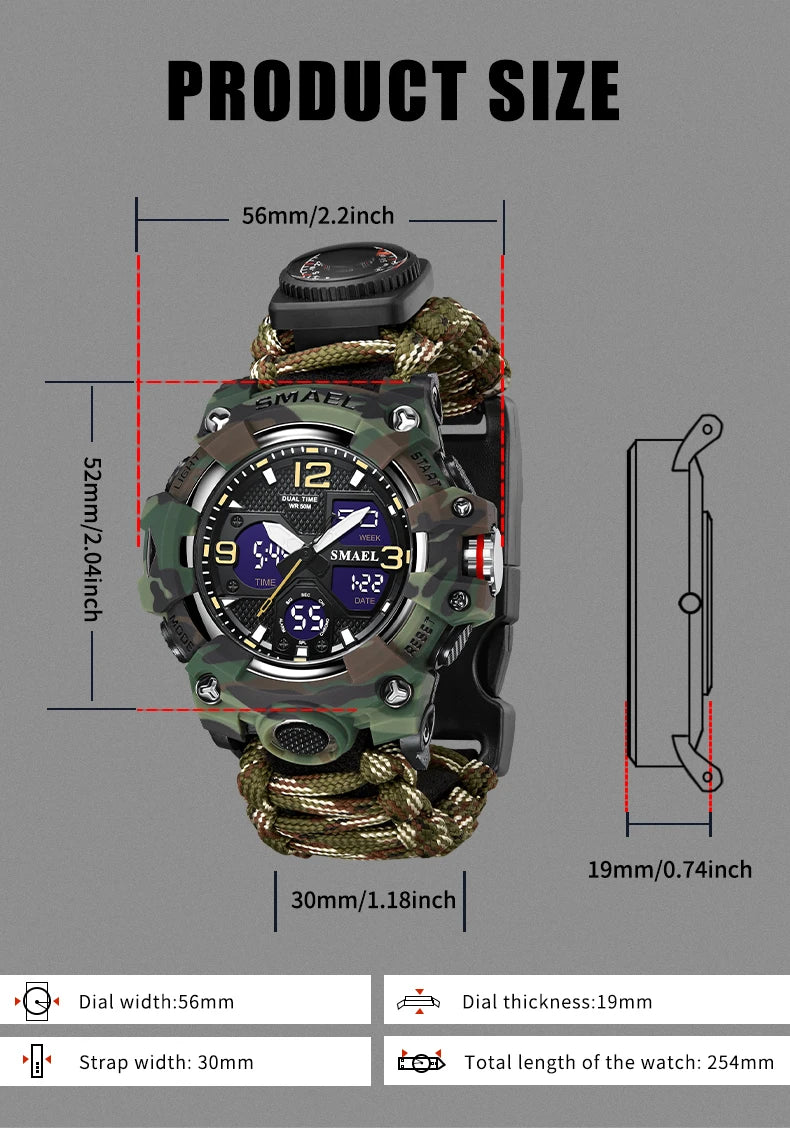 SMAEL 8008N Men's Military Sport Watch - 50M Waterproof LED Dual Time Alarm Stopwatch Compass SOS Shockproof