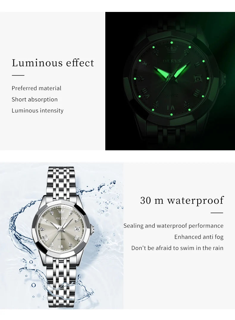 OLEVS 9931 Elegant Fashion Women's Watches Luxury Brand Original Quartz Watch forLadies Waterproof Stainless Steel Luminous Date