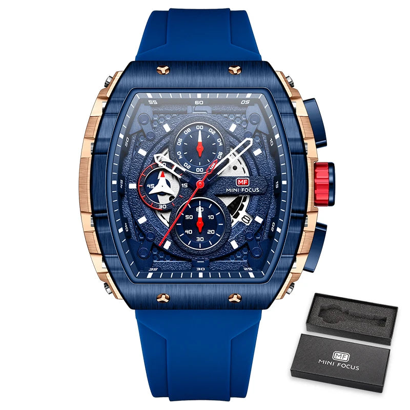 MINI FOCUS Chronograph Quartz Watches for Men Military Sport Silicone Strap Waterproof Wristwatch with Tonneau Dial Auto Date