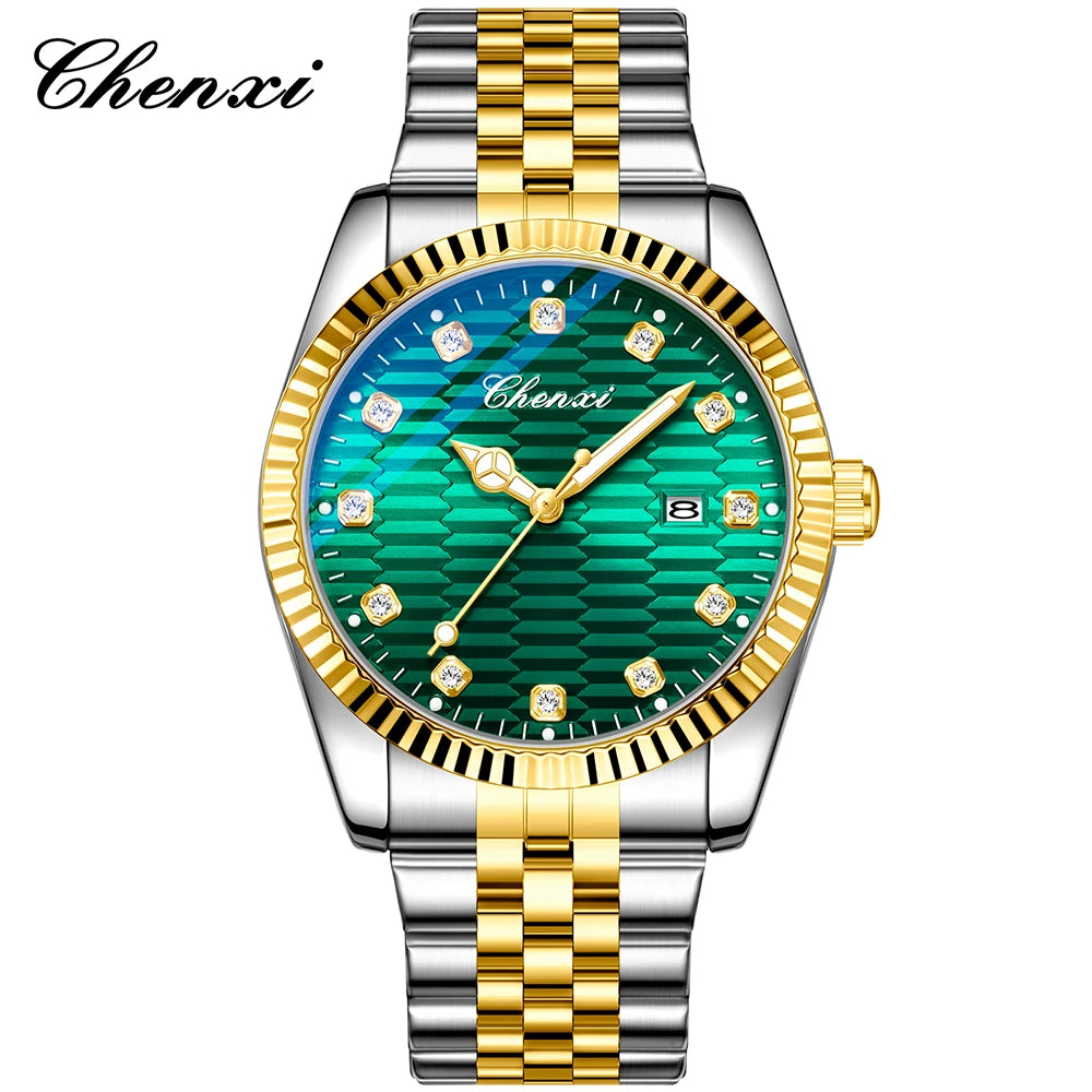 CHENXI Man Watch Classic Fashion Gold Quartz Steel Strap Watches Men Diamond-Set Round Luminous Water-Resistant Date