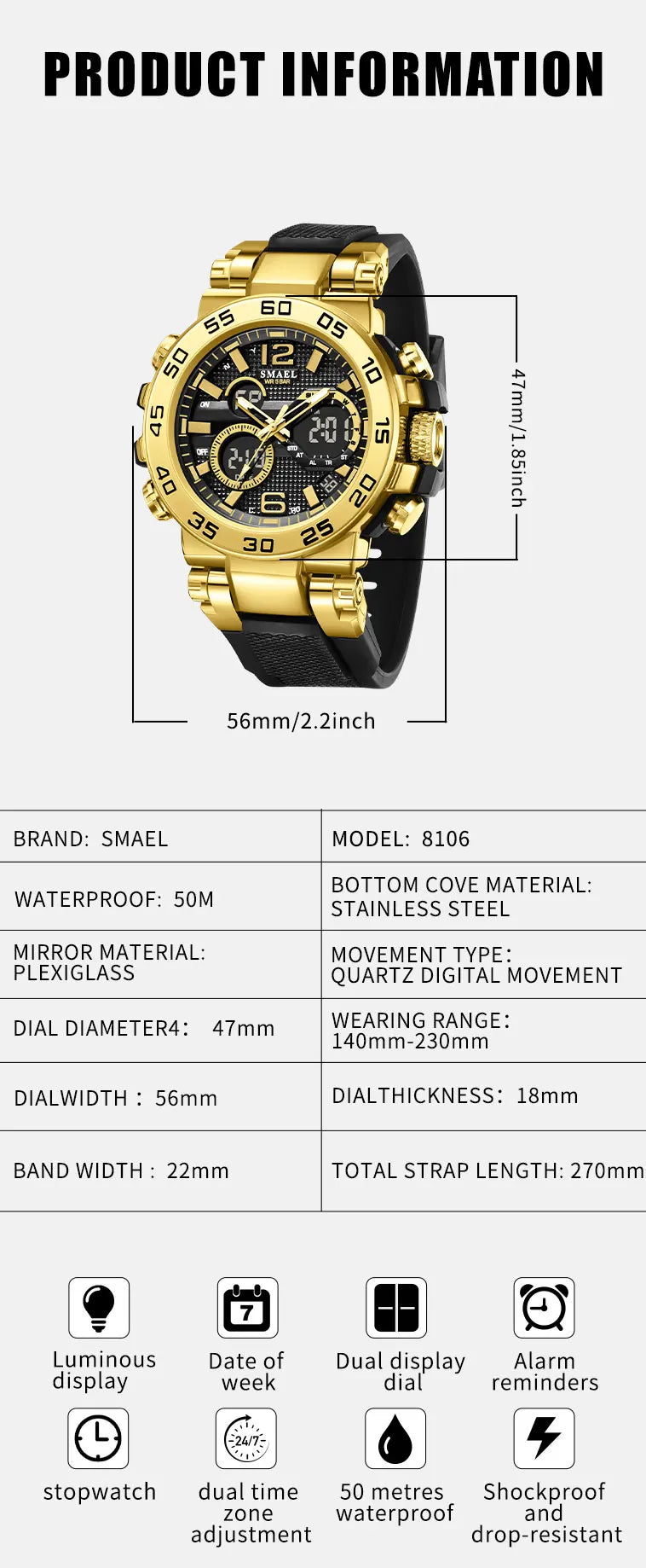 SMAEL 8106 Men's Analog Digital Dual Display Sport Watch - 50M Waterproof LED Backlight Alarm Chronograph Stopwatch