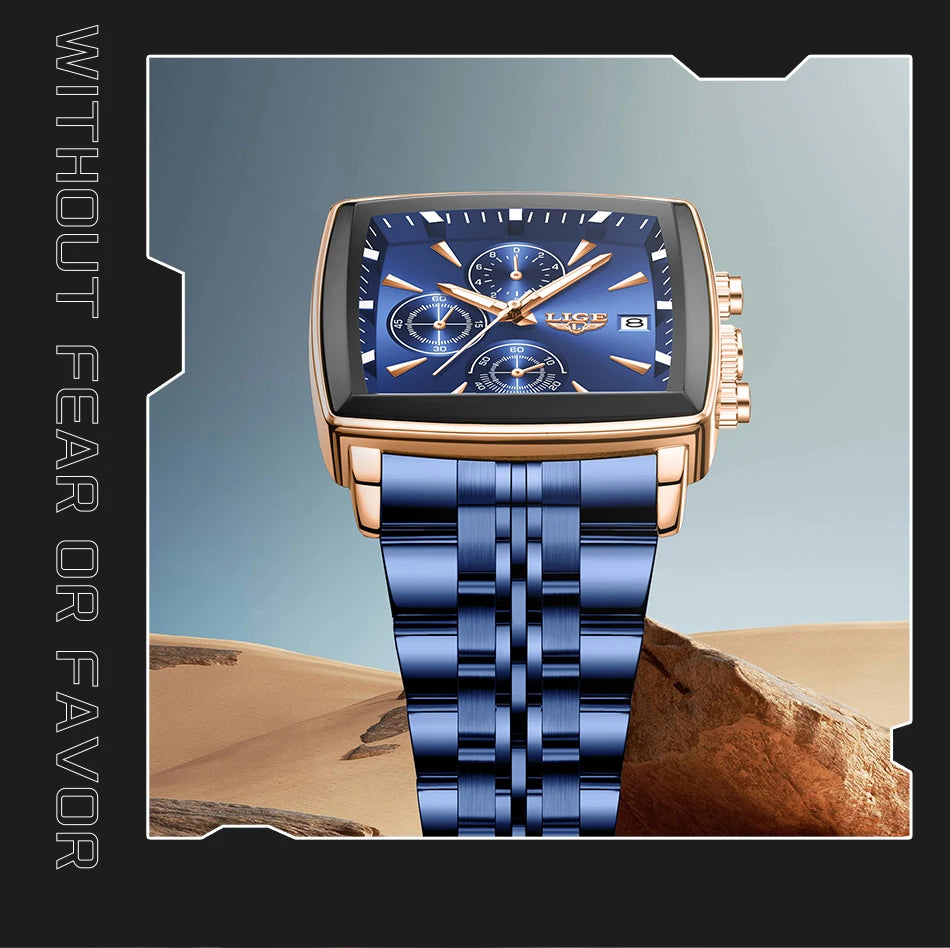 LIGE Top Brand Luxury Mens Watches Fashion Military Square Chronograph Quartz Wristwatches For Men Sports Waterproof Watch Men