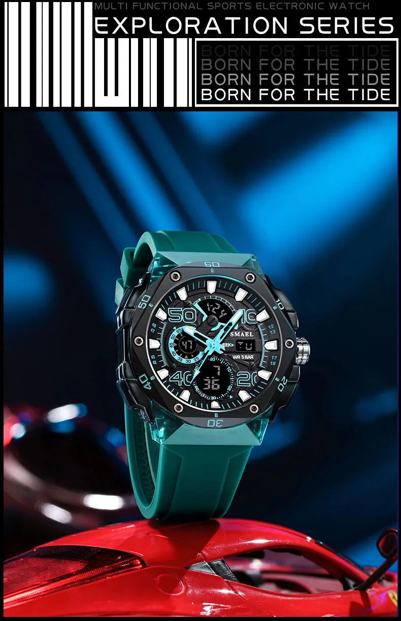 SMAEL Men's Sport Digital LED Watch Dual Time Stopwatch Alarm Clock 50M Waterproof 8113 Wristwatch Sports Army Military Watches