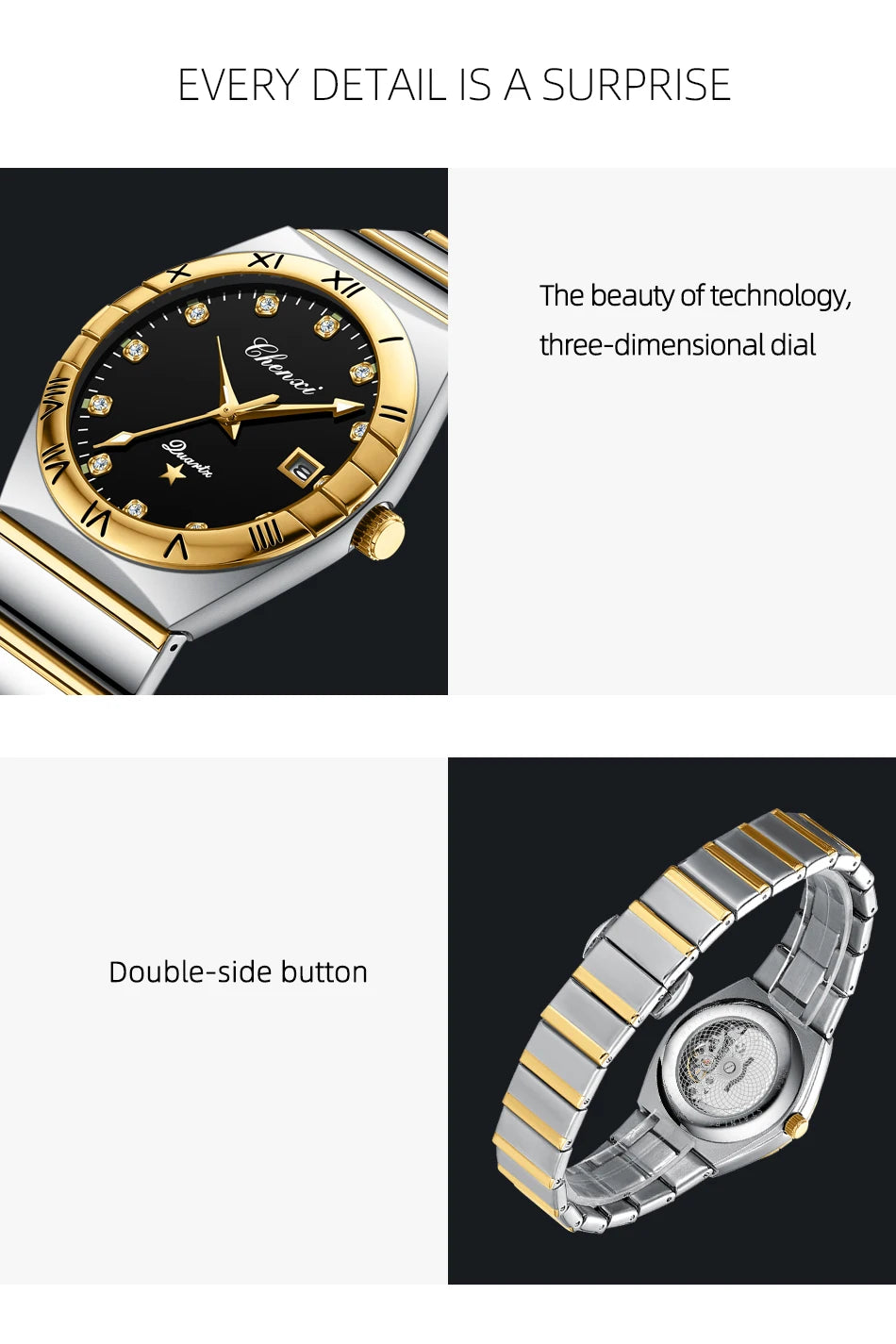 CHENXI Watches For Men Sweep Second Movement See-through Quartz, Waterproof Mens Watch Stainless Steel Golden Wristwatches