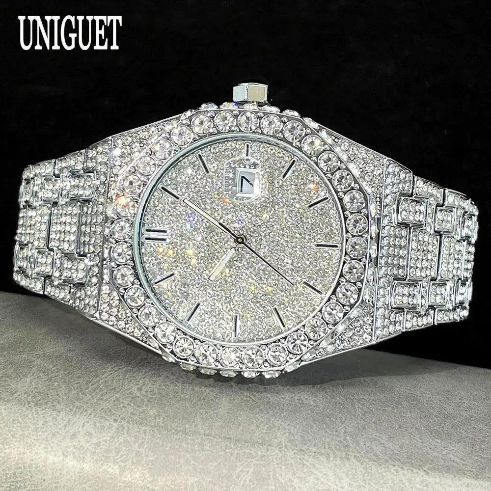 UNIGUET Fashion Iced Out Watch Mens Luxury Waterproof Quartz Watch For Man Hip Hop High Quality Big Diamond Wristwatch Hot Sale