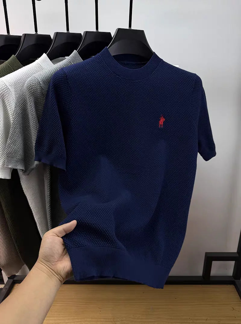 Luxury 100% cotton knitted short sleeve T-shirt high-end brand pony embroidery summer solid color  men's casual round neck top