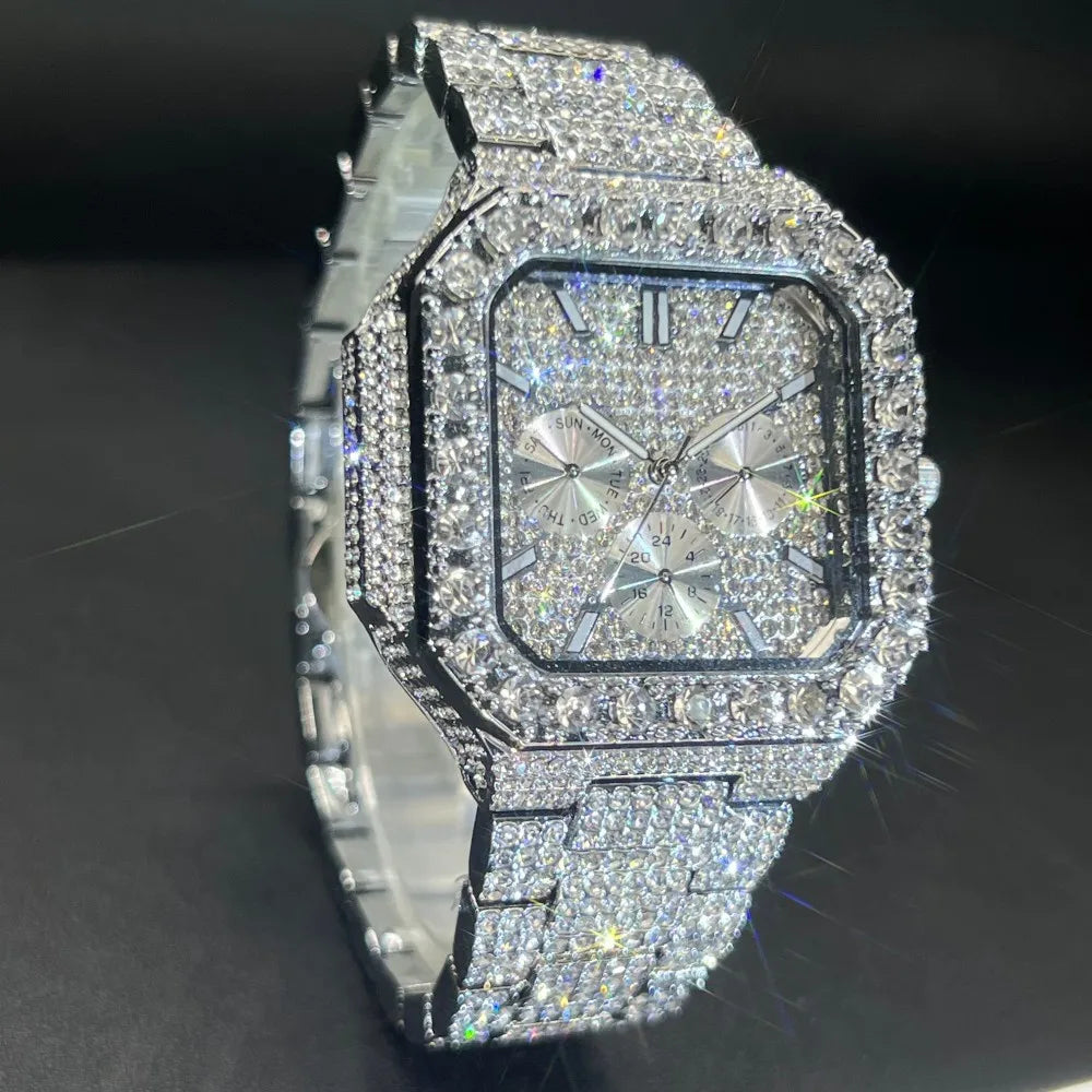 MISSFOX Luxury Diamond Watch for Men Hip Hop Style BlingBling Iced Out Wristwatch Fashion Gold Square Waterproof Clock 2025