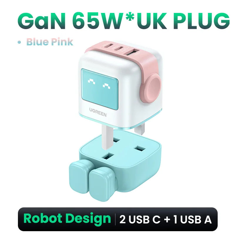 UGREEN 65W GaN Charger Uno Robot Design Quick Charge 4.0 3.0 PPS PD Fast Charger for iPhone 17 16 15 Pro Macbook  Laptop Tablet