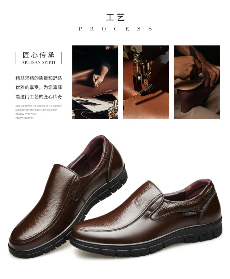 Mens Black Genuine Leather Slip On Loafers Soft Cushioned Sole Comfortable Business Casual Shoes For Middle Aged Dad Daily