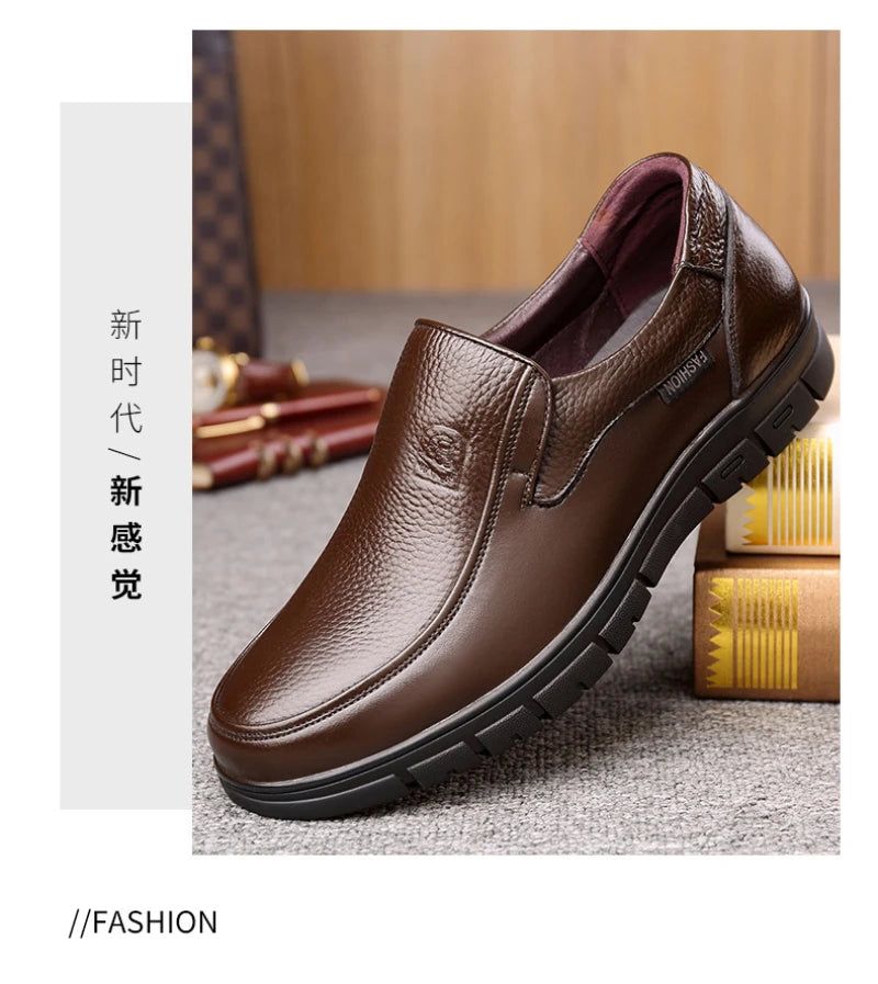 Mens Black Genuine Leather Slip On Loafers Soft Cushioned Sole Comfortable Business Casual Shoes For Middle Aged Dad Daily