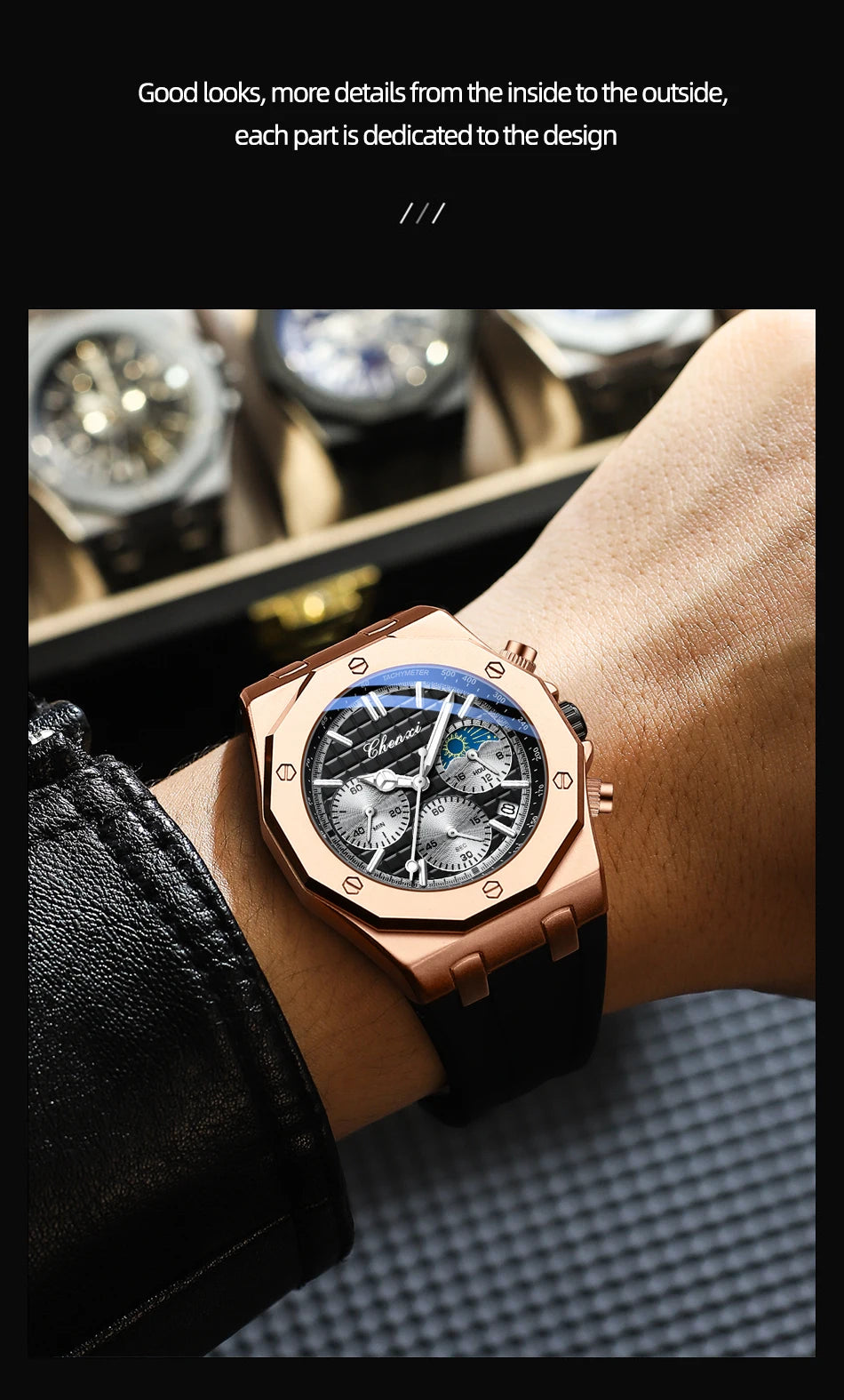 CHENXI Sports Multi-functional Silicone Man Watch Calendar Waterproof Quartz Men Watches Chronograph Moon Phase Men's Wristwatch