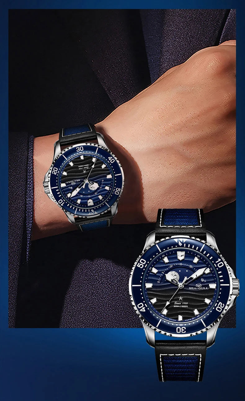 Seagull 43.5mm Diving Watch 300M Waterproof Automatic Mechanical Wristwatch Moon Phase Luminescent Men Watches 1215 New 2025