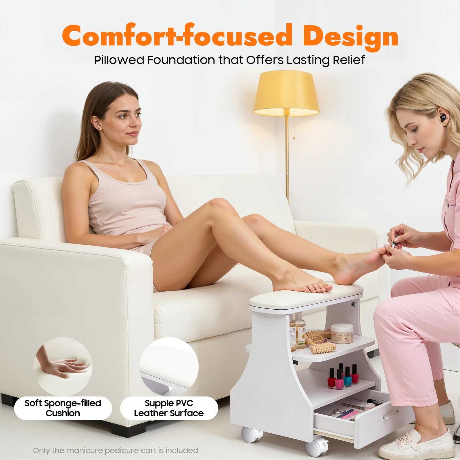 Portable Beauty Salon Foot Bath Trolley Pedicure Manicure Foot Rest with Massage Function Foot Spa Table White