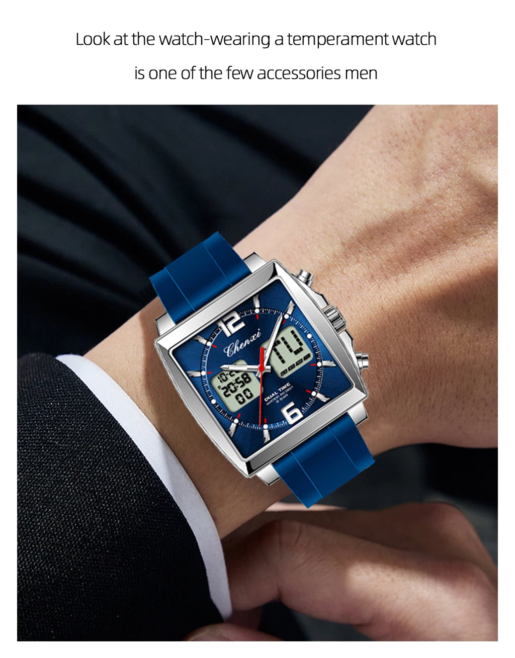 Fashion Casual Men Sports Watch Square Dial Dual Time CHENXI Watches Silicone Strap Waterproof Multifunction Wristwatch Male