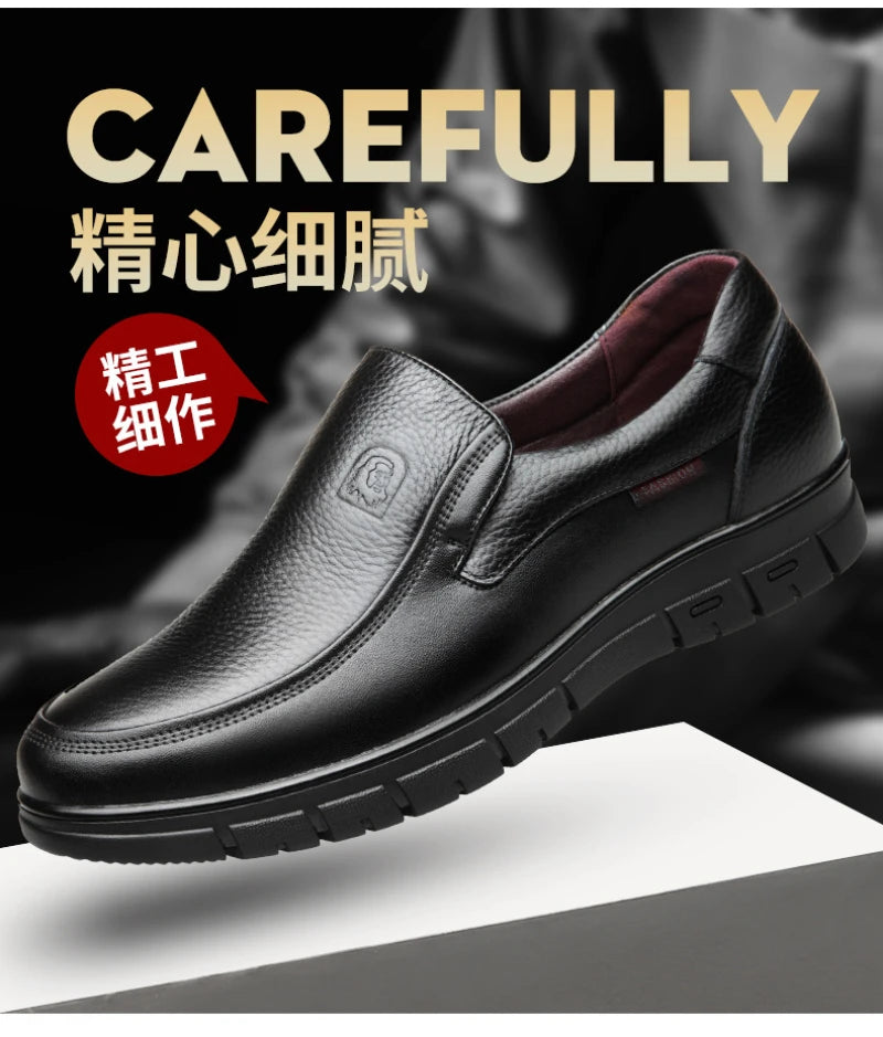 Mens Black Genuine Leather Slip On Loafers Soft Cushioned Sole Comfortable Business Casual Shoes For Middle Aged Dad Daily