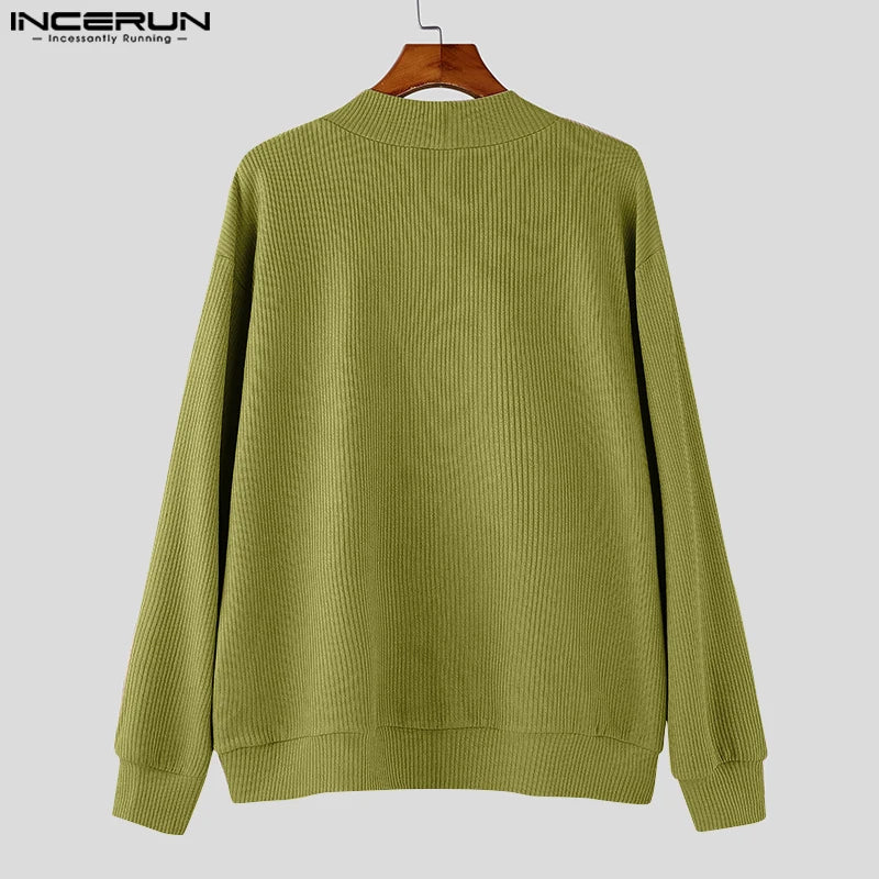 Autumn Stylish Men Tops INCERUN Hot Sale Texture Diagonal Sweater Casual Streetwear Solid V-neck Long Sleeved Sweater S-5XL 2024