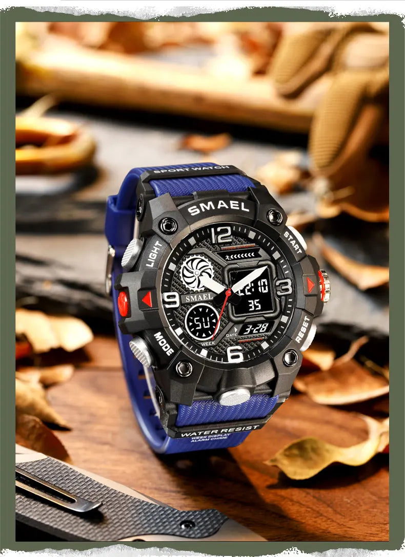 SMAEL Quartz Watch Sport 50M Waterproof Stopwatch Week Display LED Digital Alarm Clock Male 8055 Men Watches Sports Wristwatches