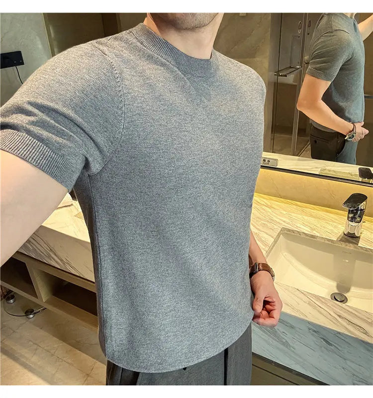 High-quality Men's Short-sleeve Knitted Sweater T-shirt O-Neck Solid Color Men Pullover T Shirts Slim Fit Stretch Undershirt Top