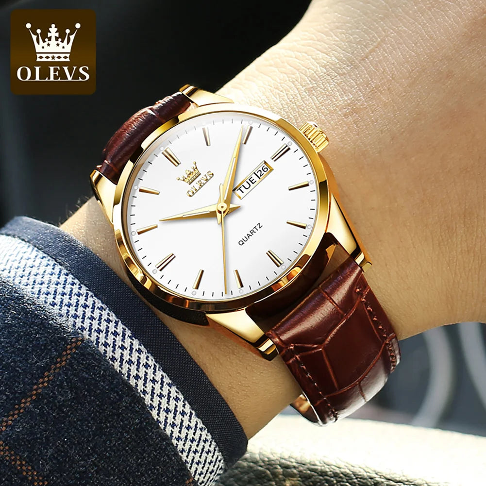 OLEVS  6898 Top Brand Quartz Watch for Men Leather Strap Waterproof Wristwatch Date Week Display Popular Casual Dress Men Watch