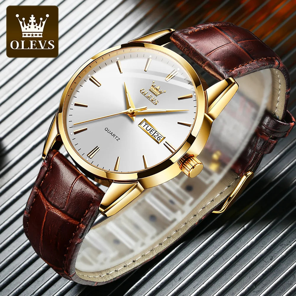 OLEVS  6898 Top Brand Quartz Watch for Men Leather Strap Waterproof Wristwatch Date Week Display Popular Casual Dress Men Watch